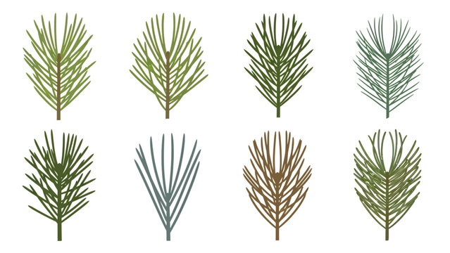 Collection of stylized pine needle branches in various green and brown hues