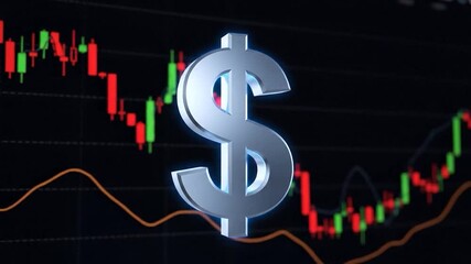 A rendered dollar sign overlayed on a stock market graph, displaying red and green fluctuations