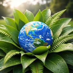Earth nestled within lush green leaves symbolizing environmental care and growth.