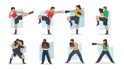 Diverse group of diverse kickboxers performing various martial arts moves and poses