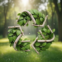 Ecofriendly recycling symbol made of natural materials in a forest setting.
