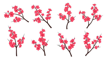 Set of stylized pink cherry blossom branches against a white background