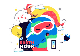 Naklejka premium Happy Earth Hour Day Vector Illustration Featuring Cloud, Light Bulb, World Map, And Turning Off Lights Theme In Flat Cartoon Background
