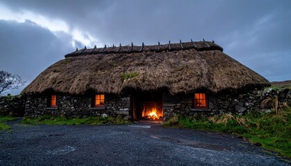 Cozy Thatched Cottage with Warm Fireplace on a Gloomy Evening.