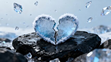 A frozen broken heart of ice covered in frost rests on a cold rock amidst glittering crystal shards
