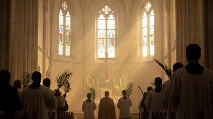 Priests holding palm branches in a church