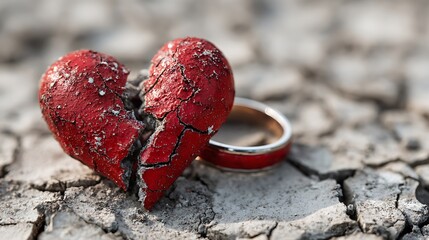 A shattered red heart lies beside a wedding ring on barren, cracked ground, symbolizing lost love and divorce