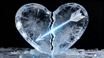 A luminous arrow piercing through a fractured ice heart on a dark background