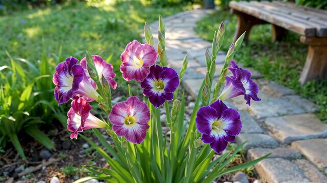 Purple flowers blooming along the garden path