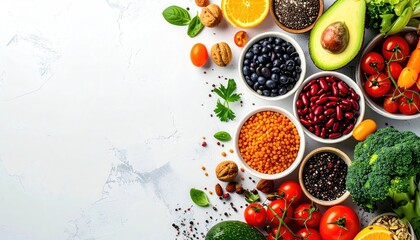 Assortment of Healthy Foods and Ingredients on a White Background.