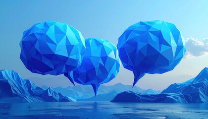Abstract Blue Geometric Speech Bubbles Floating Over Water Landscape.