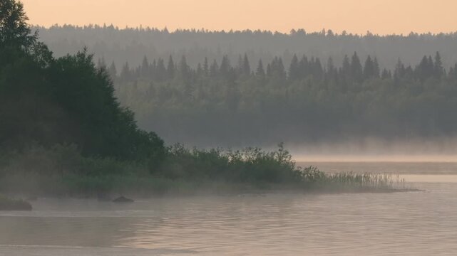 footage of a tranquil river at sunrise or sunset in the Southern Urals region of Russia, featuring mist over calm water, silhouetted trees, and a golden sky