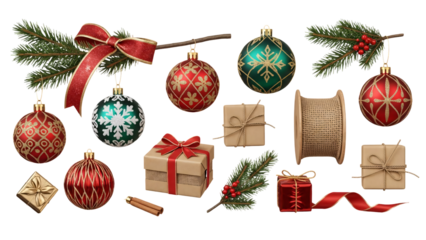 Festive Christmas ornaments with wrapped gifts and ribbons.