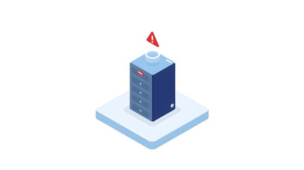 Isometric vector illustration of crashing server rack emitting smoke with red warning alert icon