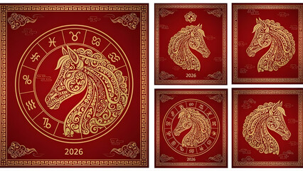Ornate golden horse head designs with zodiac symbols and traditional patterns on a vibrant red background, celebrating the Chinese New Year.
