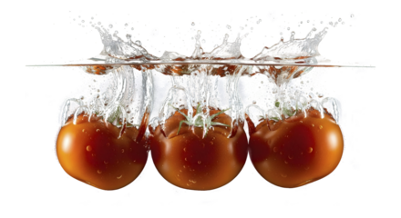 Three tomatoes splashing into water with a large splash on a white background.