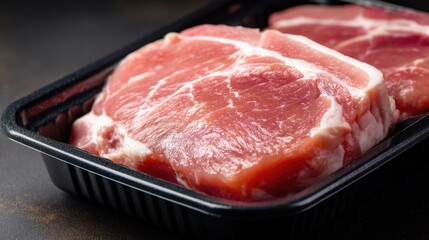 Close-up of raw pork chops neatly arranged in a black tray, showcasing their fresh, marbled texture. Perfect for culinary enthusiasts and food photography, highlighting quality meat ready for cooking.