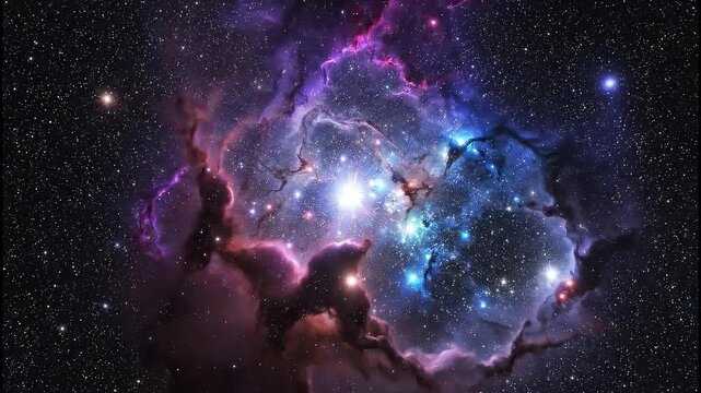 Beautiful cosmic nebula drifting in deep space, vibrant purples blues and pinks, glowing stars, cinematic depth, slow movement, dreamy atmosphere, ultra detailed