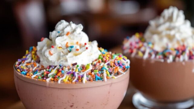 Close up of a chocolate dessert with colorful sprinkles and whipped cream