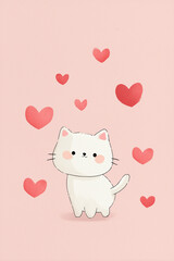 White cat with red hearts on pink background for sweet valentine card