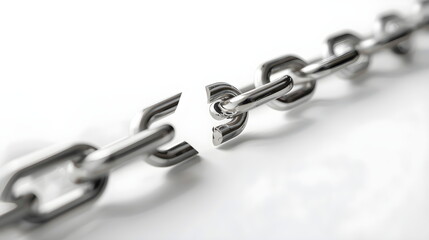 Obraz premium Silver metal chain with one broken link on white background
