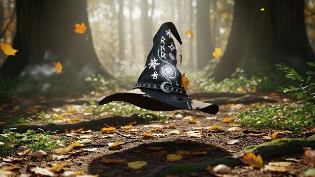 Mystical Witch Hat Floats Forest Autumn Sunlight Falling Leaves