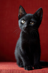 Obraz premium Black kitten on vibrant red background for bold dramatic contrast
