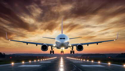 Commercial Airplane Landing On Runway At Sunset