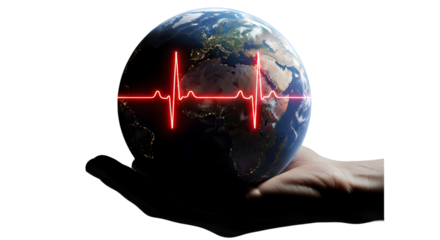 Hand holding earth with heartbeat line symbolizing global health and environmental care on transparent background