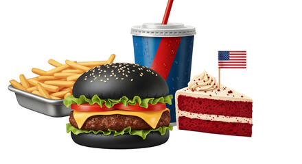 Classic American fast food meal featuring burger, fries, drink, and red velvet cake on transparent background. on transparent background