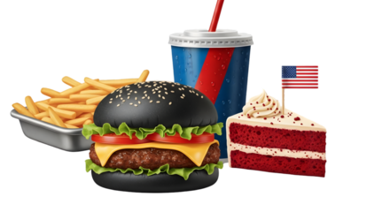Classic American fast food meal featuring burger, fries, drink, and red velvet cake on transparent background. on transparent background