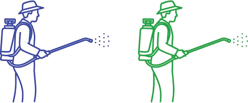 Line art of a man spraying with a backpack sprayer on transparent background