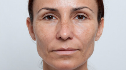 Fototapeta premium Natural tone portrait showing mild dryness and pore texture on middle aged woman face with brown eyes and subtle expression