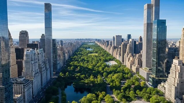 New York City Skyline Aerial View Over Central Park Lush Green Trees Bright Sunny Day