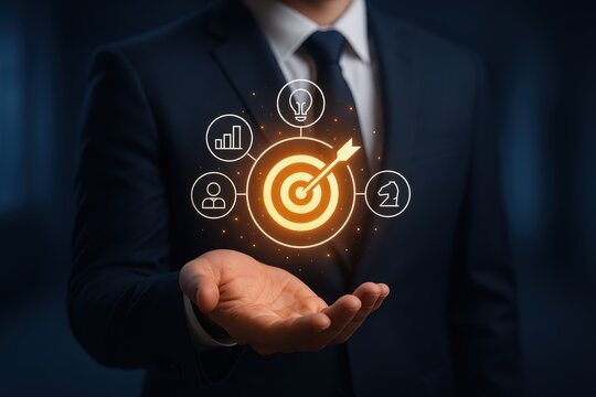 Achieving the Pinnacle: A meticulously dressed professional presents a glowing target, symbolizing goals and strategies for business success.