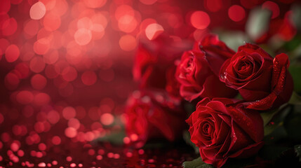 red roses, the symbol of love and romance with bokeh background for Valentine card wallpaper banner.