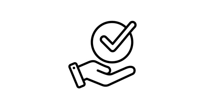 Animated convenience line icon with a hand and checkmark animation, demonstrating ease of use and comfort. Outline style on a white background in 4K resolution.