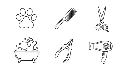 Collection of dog grooming tools and icons for pet care services