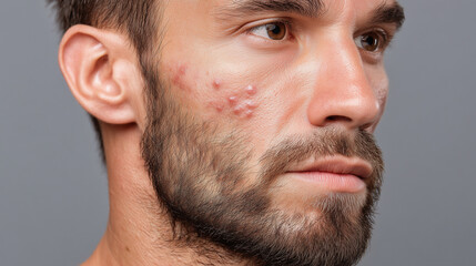 Obraz premium Soft acne marks on male skin with natural light highlighting facial hair and brown eyes, showing detailed skin texture and slight redness on cheek
