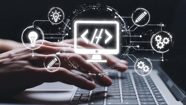 Futuristic Software Coding Concept: Digital HUD Symbols Over Keyboard
