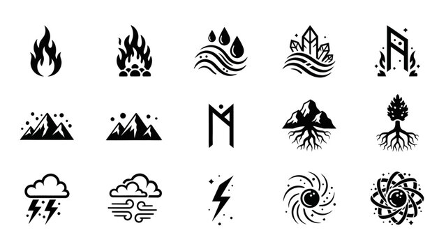 Collection of fifteen black and white elemental and nature-themed icons for design and branding