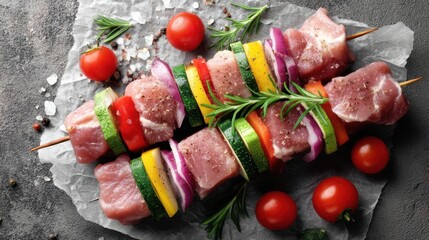 Grilled skewers feature pieces of pork and assorted vegetables like bell pepper and zucchini arranged on parchment. Cherry tomatoes are nearby ready for serving.