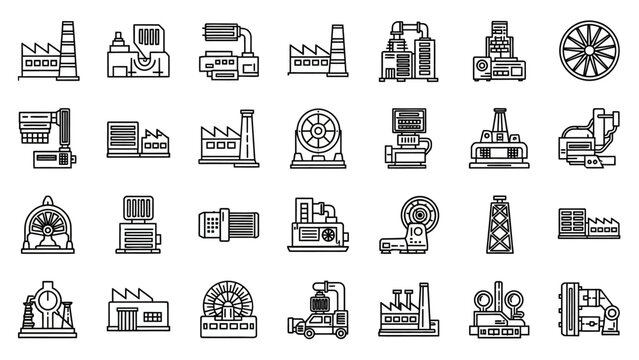 Collection of Industrial Factory and Machine Line Art Icons