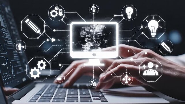 Close-Up Hands Typing on Laptop with Holographic Web Development Icons
