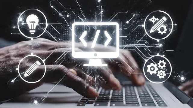 Close-Up Hands Typing on Laptop with Holographic Web Development Icons
