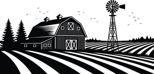 Rural farm barn landscape vector illustration with windmill, cultivated fields, countryside scenery, vintage black and white agricultural design, silhouette style farmland art © Farzana