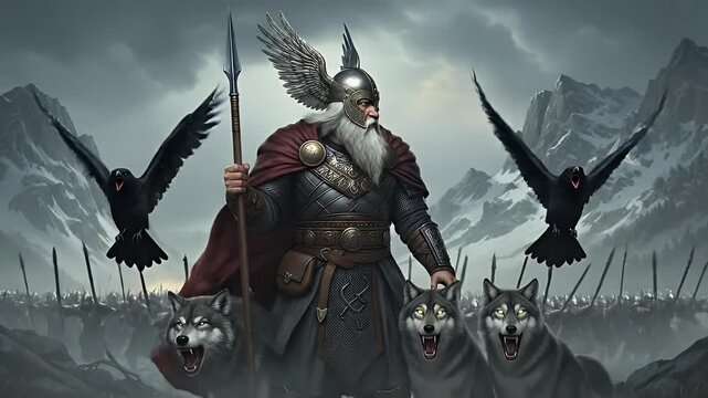 Odin with Wolves and Ravens Leads Viking Army Through Stormy Mountains