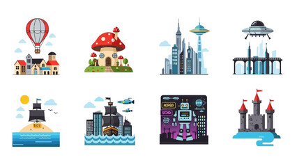 Imaginative illustrations featuring diverse scenes from fantasy to futuristic cities and more