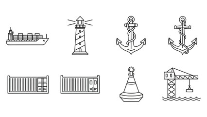 Nautical vector icons featuring a cargo ship, lighthouse, anchors, containers, buoy, and crane