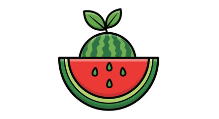 Stylized Watermelon Illustration with Seeds and Leaves.